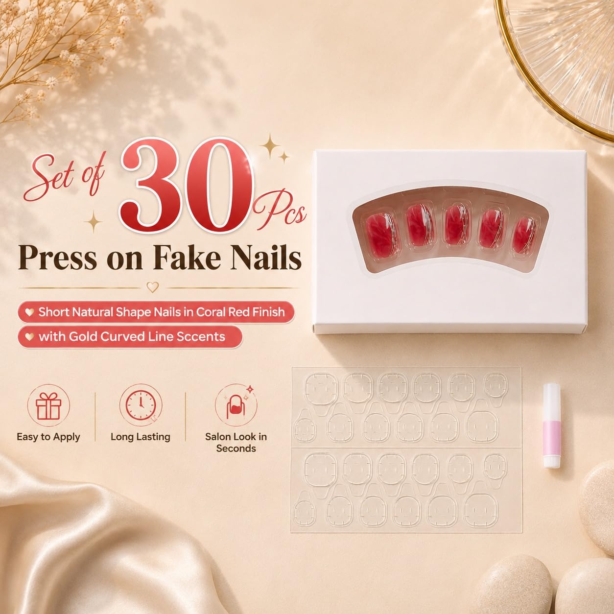 S.A.V.I Press on Nails Coral Red Short Natural Shape, 30 Pcs