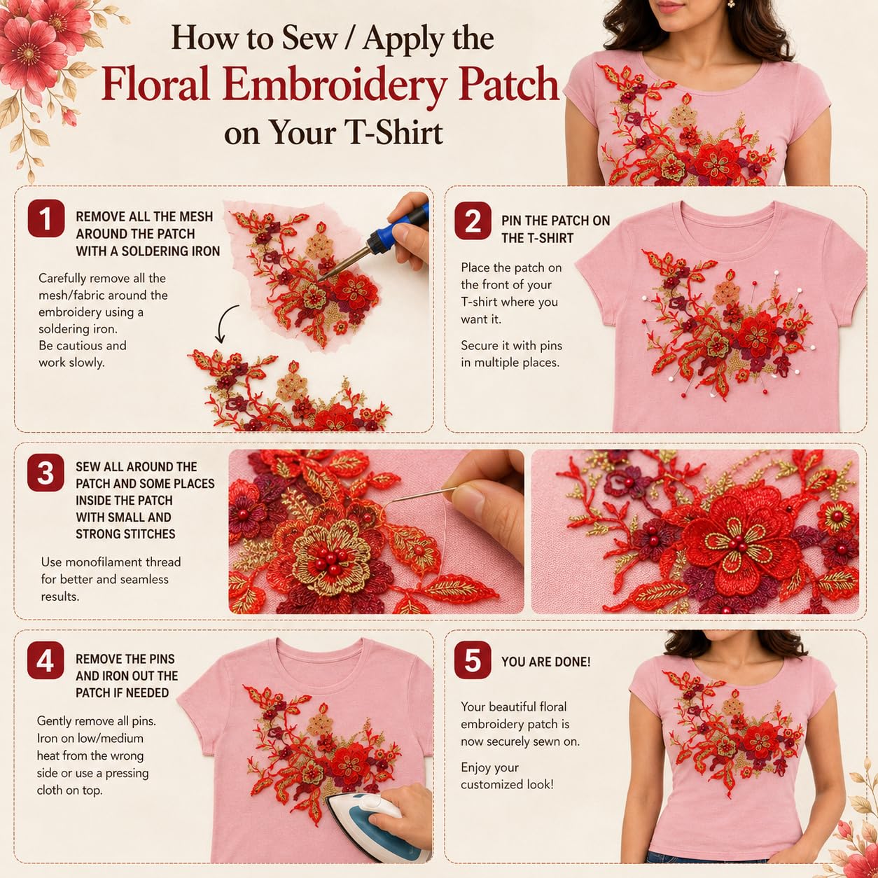 S.A.V.I Floral Embroidery Patch Sew-On Applique Red & Gold DIY|36 x 25 cm Mesh Lace Motif for Dresses, Kurtas, Blouses & Tops, Hand Stitch Embellishment for Women