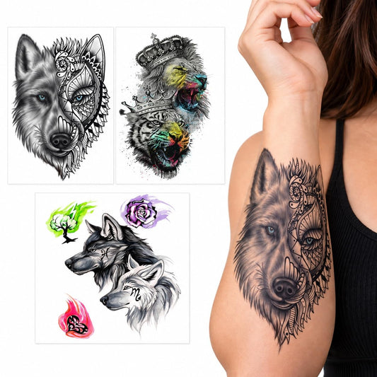 S.A.V.I Temporary Tattoo Stickers Wolf Lion Tiger, 15x21 cm