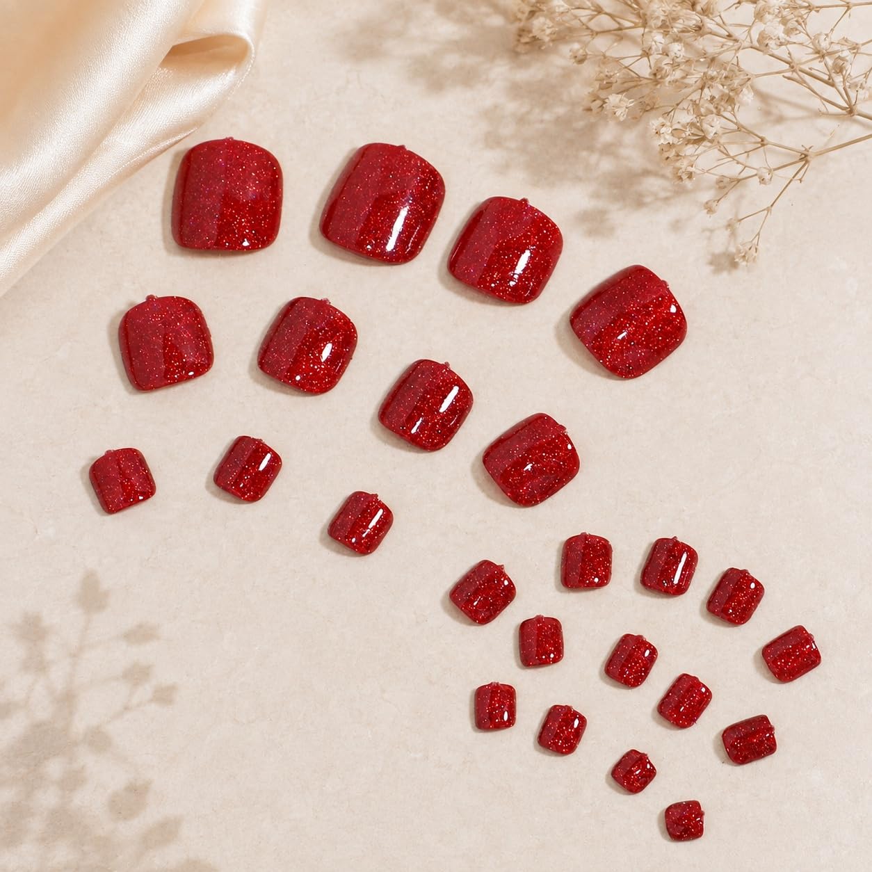 S.A.V.I Press on Toenails 24 Pcs Glittery Red Short Square Shape