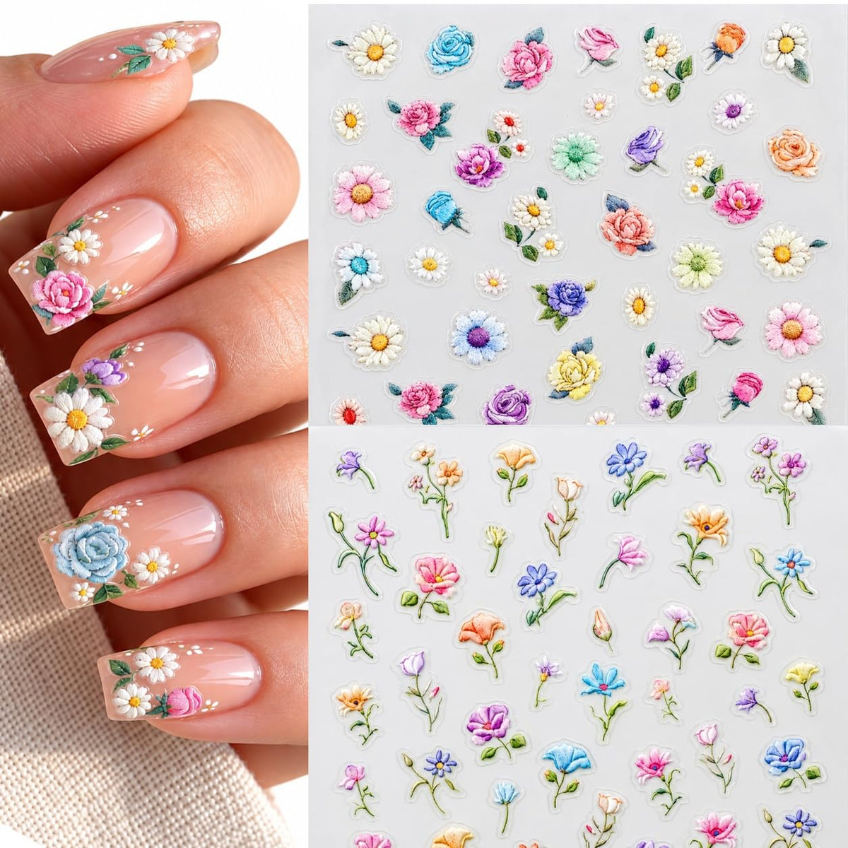 S.A.V.I 3D Floral Nail Art Stickers, Self Adhesive, 2 Sheets, 8x10 cm | Multicolour Decals, Rose, Daisy & Wildflower, Easy Peel & Apply, DIY Manicure, Salon Style
