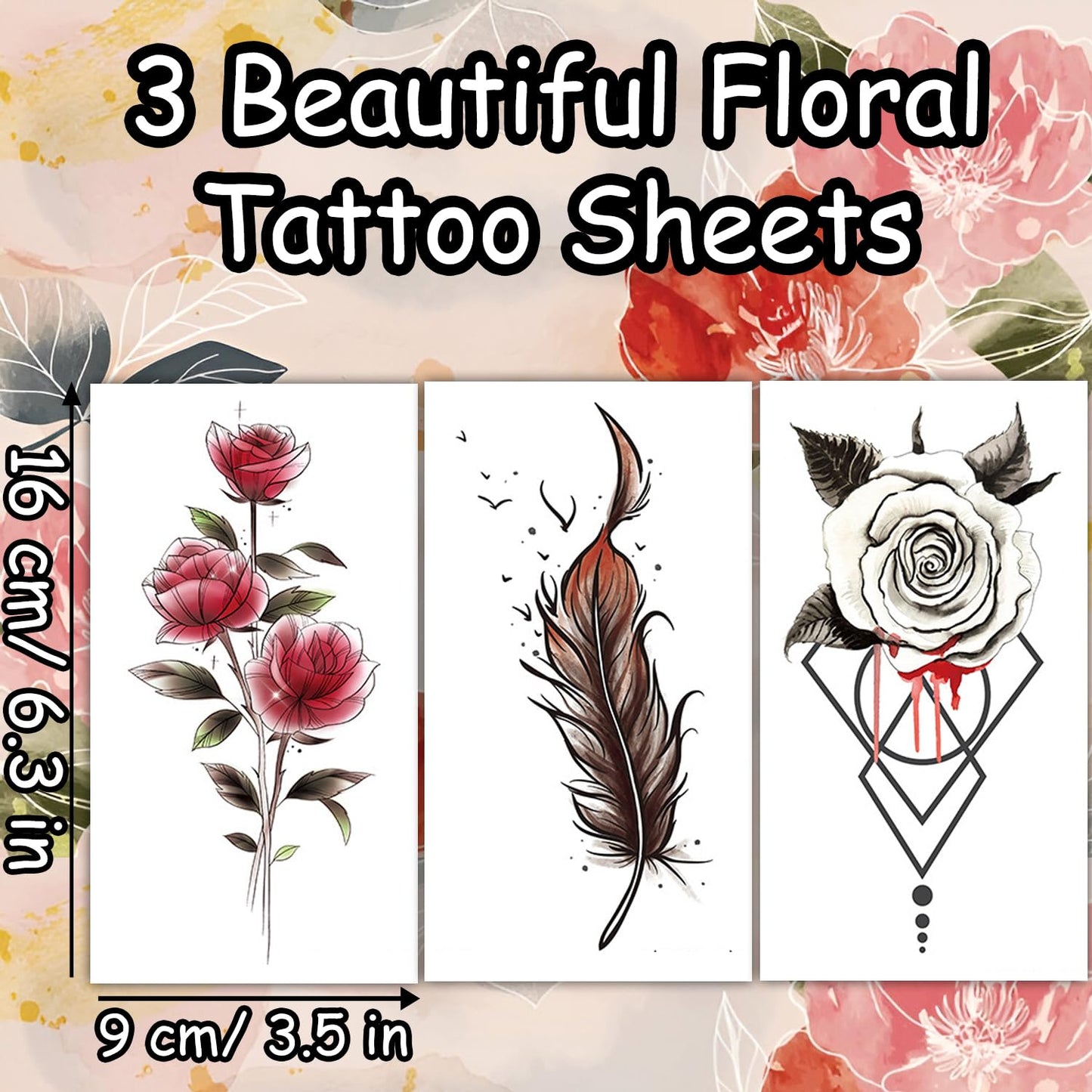 S.A.V.I 3 Pcs Large Temporary Tattoo Sheets for Women – Floral Rose, Feather & Geometric Designs | 16x9 cm Waterproof, Safe & Non-Toxic Body Art Stickers for Arm, Neck, Back – Easy to Apply & Remove (01)