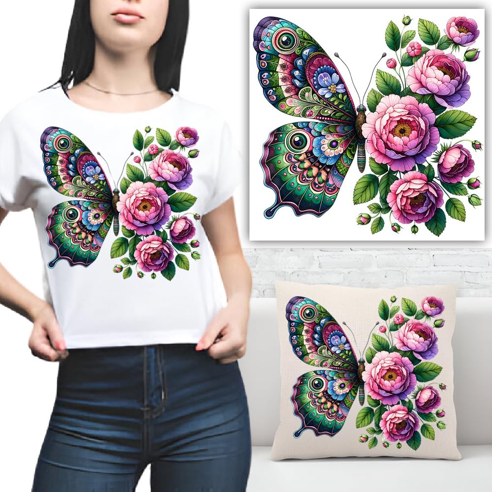 S.A.V.I 1PC Floral Butterfly Iron-On Patch (8.5x7.5 Inch) | Heat Transfer Sticker for DIY T-Shirts, Hoodies, Jeans, Bags  Crafts | Washable, Vibrant Applique for Clothes | Easy Application