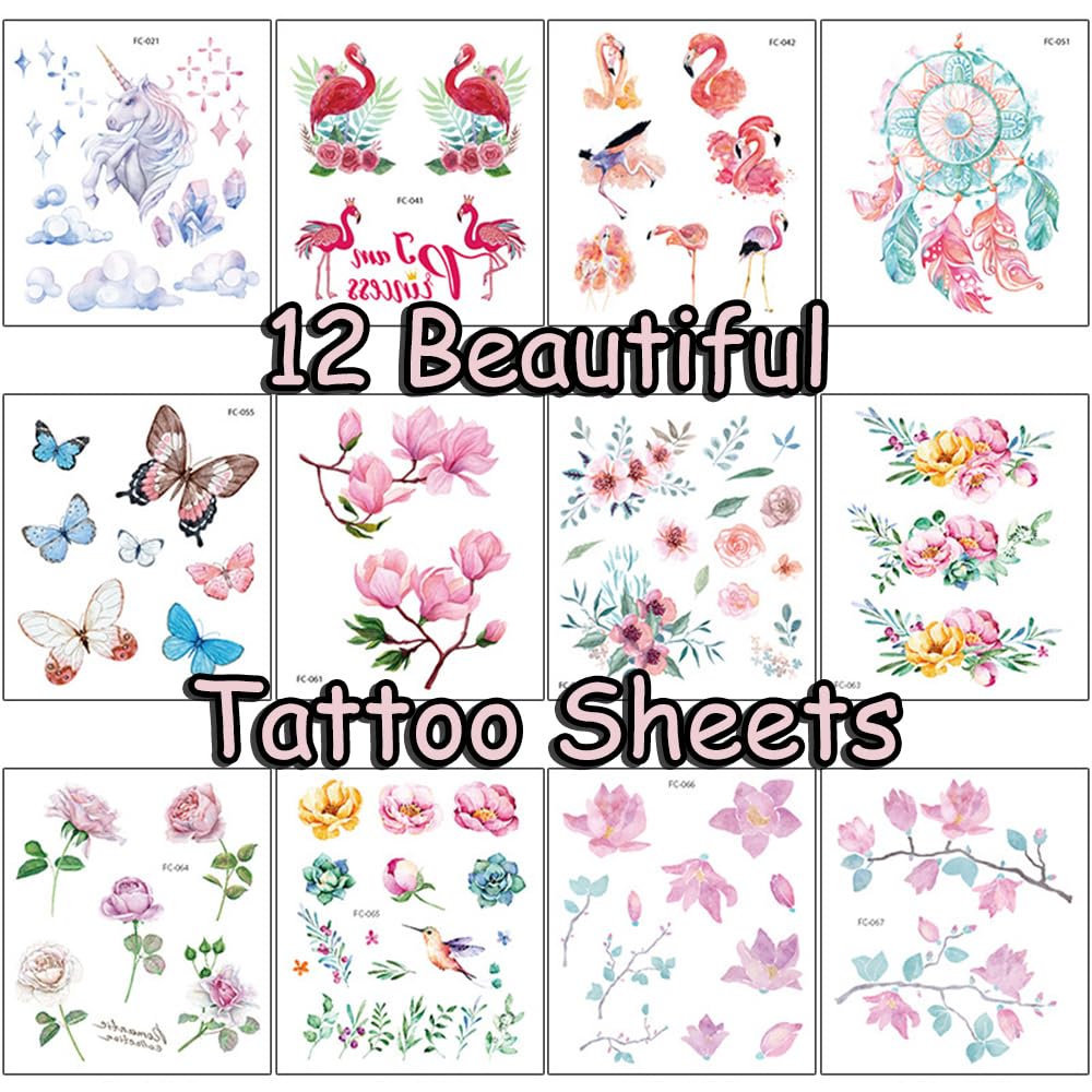 S.A.V.I 12 Pcs Floral Temporary Tattoos for Women & Girls – Waterproof, Long-Lasting Body Art Stickers – Safe, Non-Toxic, Easy to Apply – Butterfly & Flower Tattoo Designs (12x10.5 cm) (1)
