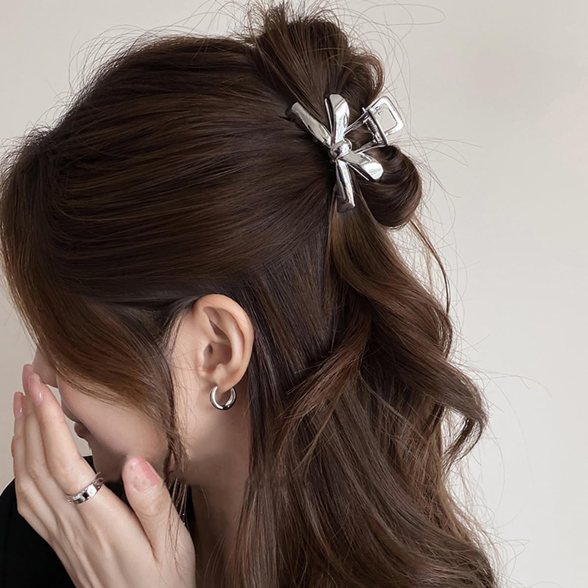 S.A.V.I Silver Metal Bow Hair Claw Clip for Women & Girls (6 cm) | Strong Grip Mini Clutcher, Elegant Ribbon Design Hair Accessory for Daily, Office & Party Styling