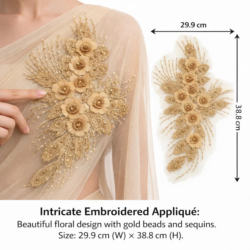 S.A.V.I 3D Gold Floral Embroidered Sew-On Applique Patch 29.9 x 38.8 cm | Beaded Sequin Mesh Motif for Bridal Lehenga Saree Blouse Gown & DIY Sewing Craft (Gold)