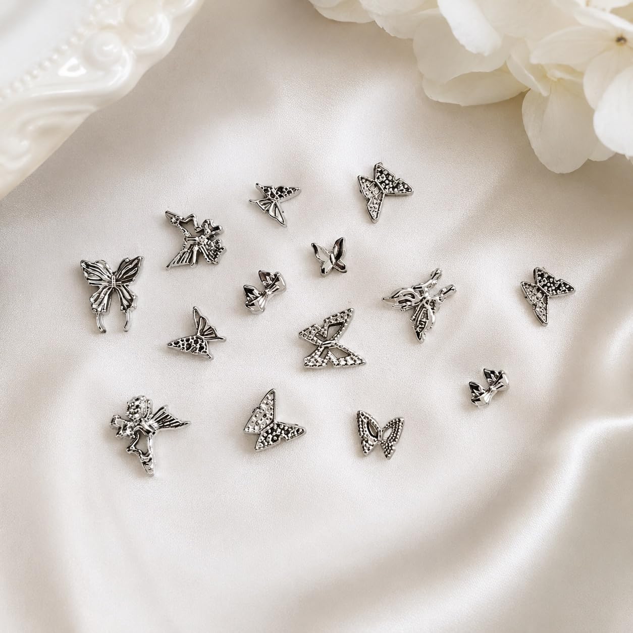 S.A.V.I 45Pcs Alloy Nail Charms Butterfly Bow Silver 3D | Mixed Shapes, Gel & Acrylic Designs, Durable Metal, Salon & Home DIY, Manicure Embellishments