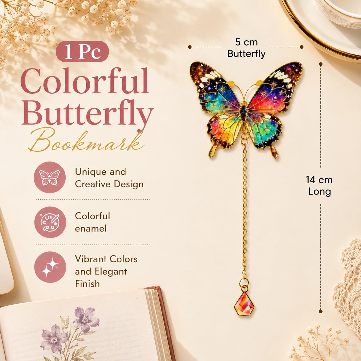 S.A.V.I Colorful Butterfly Metal Enamel Bookmark with Crystal Charm | Rainbow Finish, 5 cm Wings, 14 cm Dangle, Gold Chain Tassel, For Book Lovers, Women & Girls