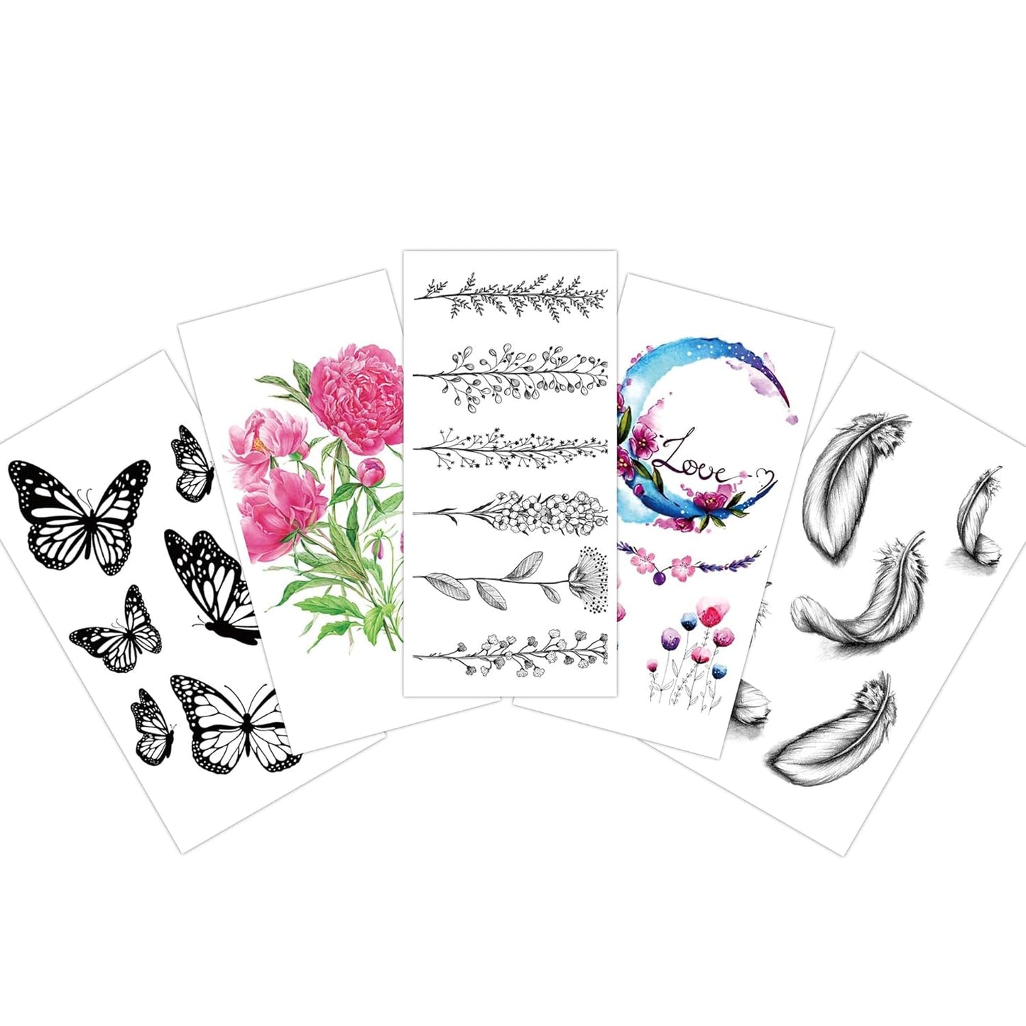 S.A.V.I 5pc Temporary Tattoo Stickers - Floral, Butterfly, Moon  Feather - 10.5x6cm for Men  Women