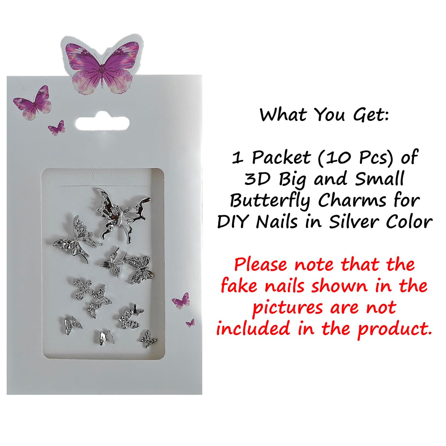 S.A.V.I 3D Silver Butterfly Nail Art Charms (10 Pcs) – Metallic Alloy Big & Small Butterfly Designs for DIY Acrylic & Gel Nails, Reusable Nail Jewelry Decoration Set