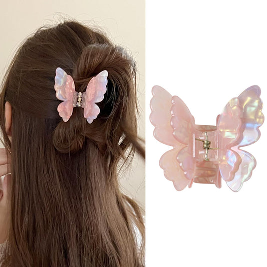 S.A.V.I Butterfly Hair Claw Clip for Women & Girls | Iridescent Mermaid Pink Acrylic Hair Clutch 7.5 cm | Strong Hold Jaw Clip | Korean Style Elegant Hair Accessory for Daily & Party