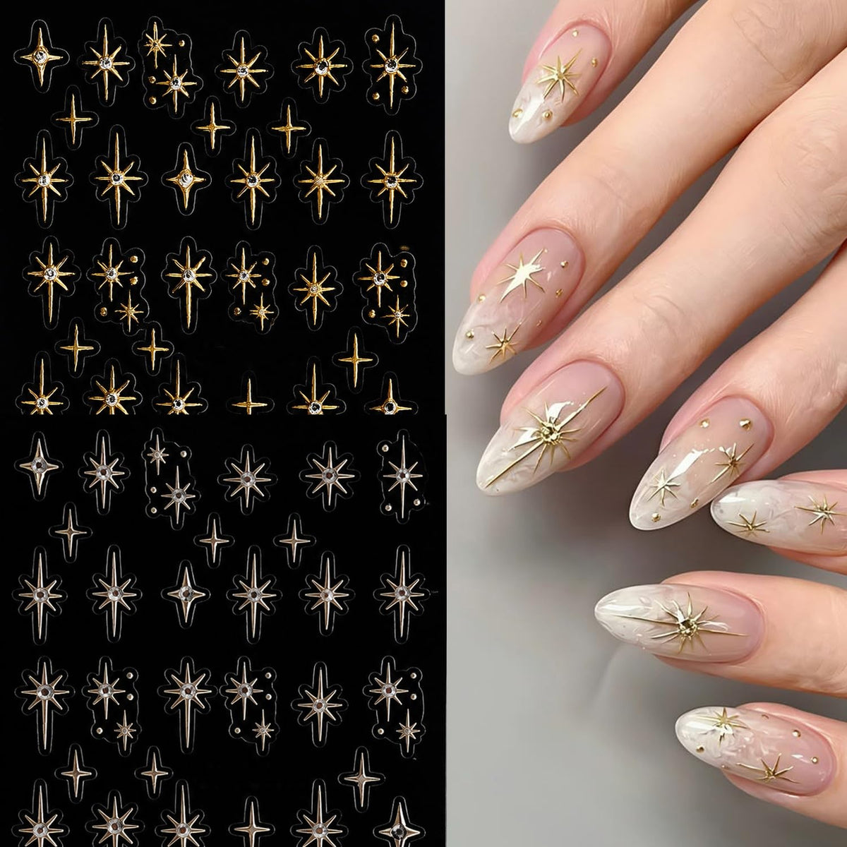 S.A.V.I 3D Star Nail Art Stickers with Rhinestones, Gold & Silver | Self Adhesive, 2 Sheets, 6 x 8 cm Each, DIY Manicure, Salon Style Finish