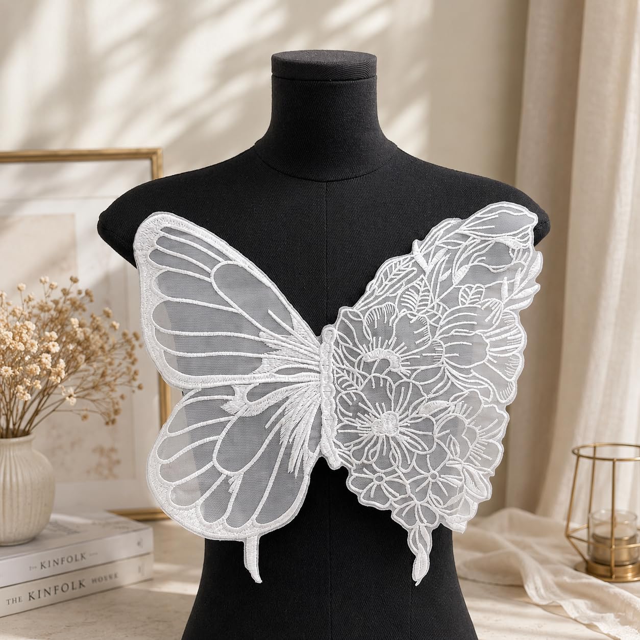 S.A.V.I Butterfly Floral Embroidery Sew-On Patch White Mesh 35x32cm|Floral Lace Motif for Dresses, Blouses & Gowns, Premium Fabric, DIY Clothing Repair & Customization, Women Craft Accessory