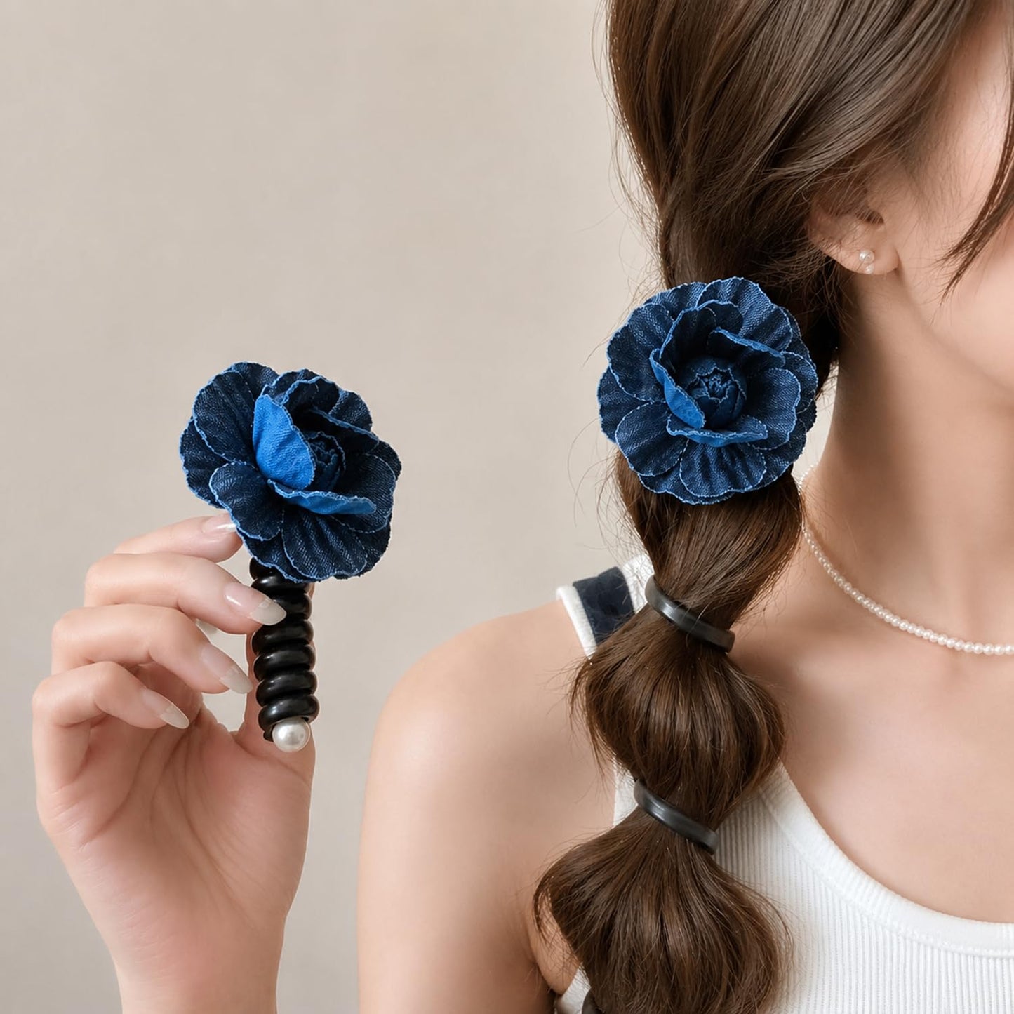 S.A.V.I Denim Flower Spiral Hair Tie for Women Dark Blue, Floral Elastic Pony Holder, 9 cm Accessory for Casual & Party, Comfortable