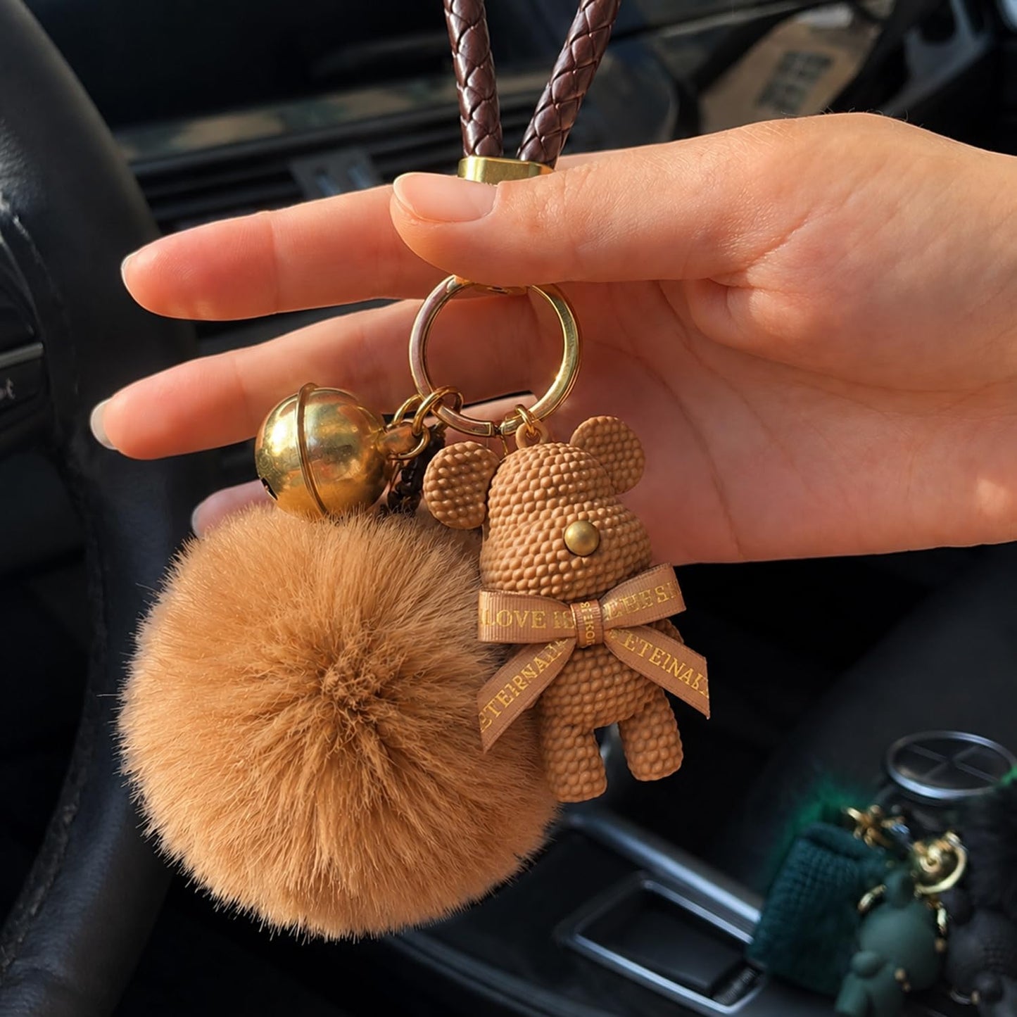 S.A.V.I Teddy Bear Pom Pom Keychain for Women, Faux Fur Bag Charm, Brown, Light Brown | 13.5 cm | Soft Fluffy Plush, Braided Strap, Bell Charm, Secure Clasp, Handbag & Backpack Accessory