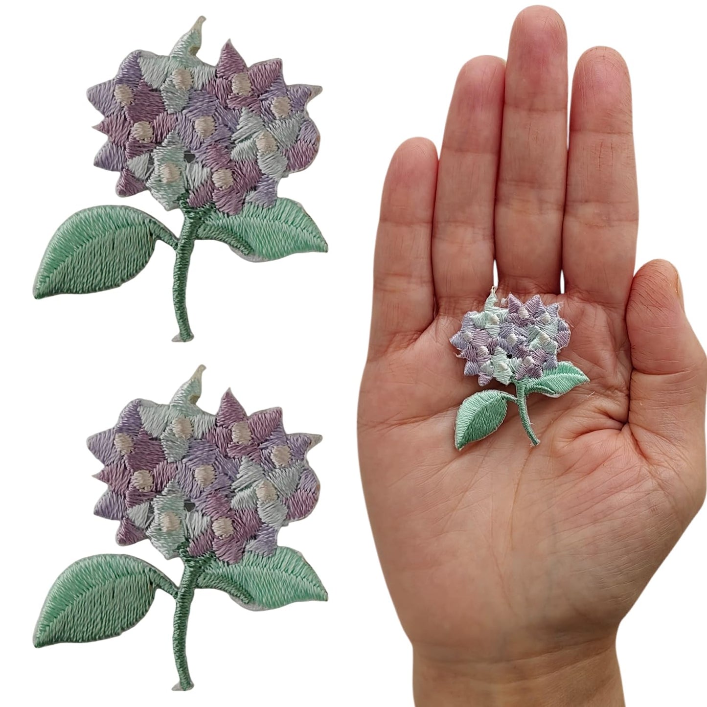 S.A.V.I 2 Pcs Purple & Green Hydrangea Floral Embroidered Iron-On Patches | Thread Fabric Appliqué | 3.8 x 3.5 cm | Decorative Patch for Clothes, Bags & DIY Craft