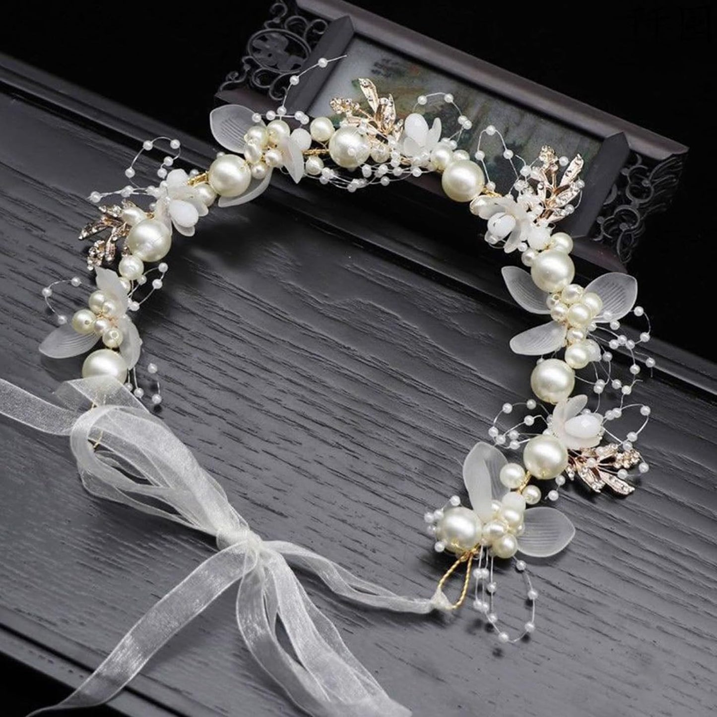 S.A.V.I White Floral Pearl Headband for Girls & Women | Adjustable Boho Bridal Hair Crown Tiara | Alloy Faux Pearl Acrylic Flower Leaf Design | Wedding Party Princess Hair Accessory