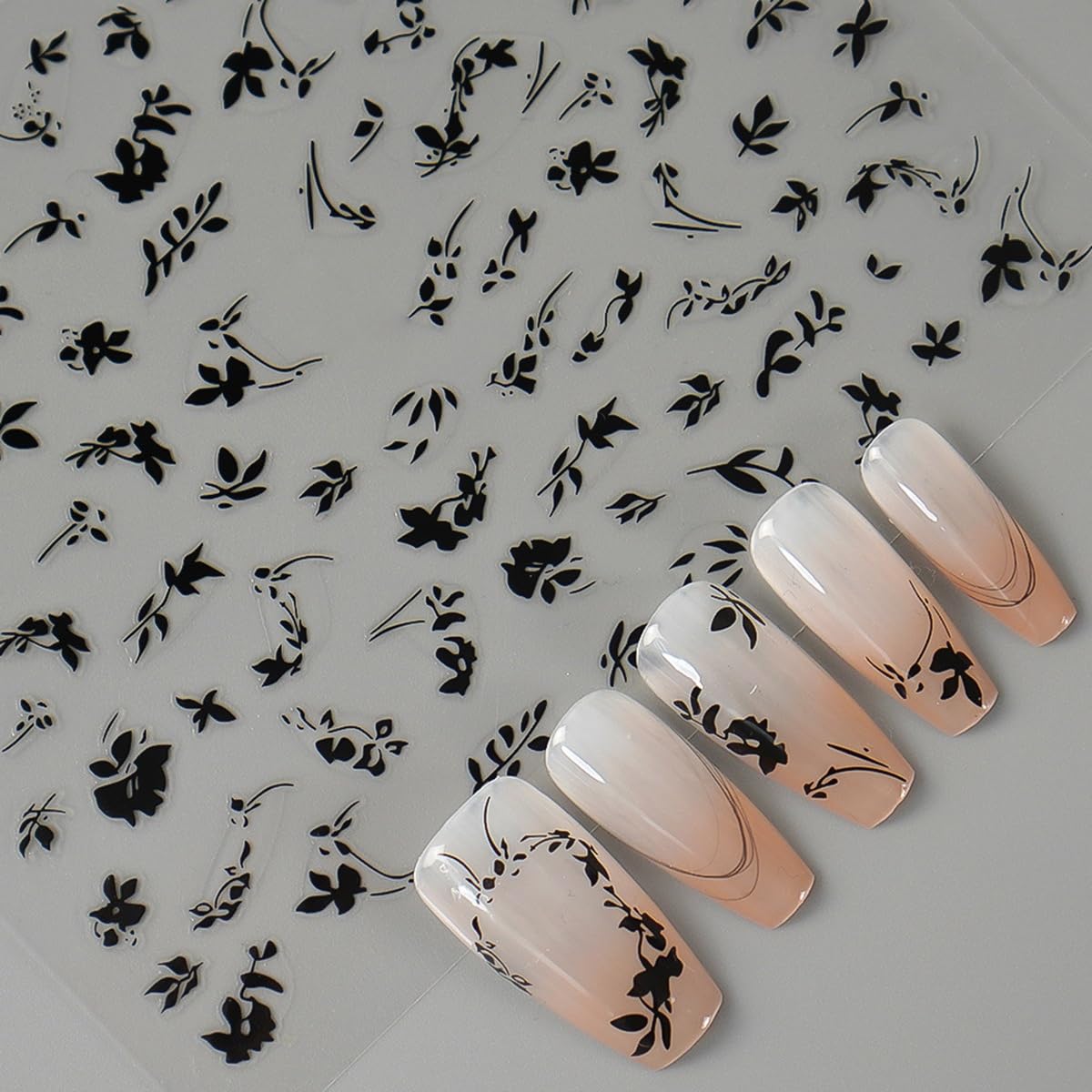 S.A.V.I 3 Sheets - Leaf Design Nail Art Stickers Self Adhesive Floral Nail Decals for DIY Manicure, Black White Red, Salon & Home Use