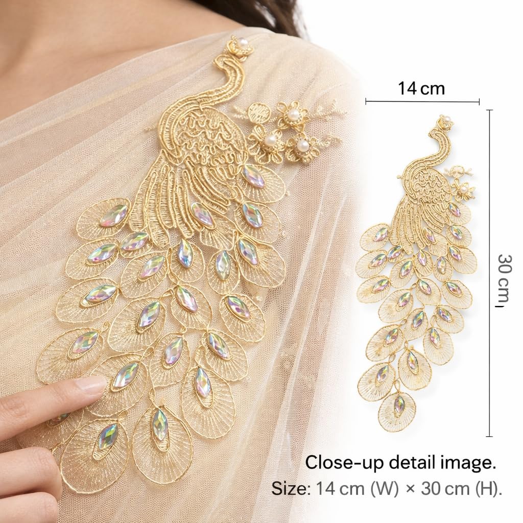 S.A.V.I Gold Peacock Embroidered Sew-On Applique 14 x 30 cm | Threadwork with Iridescent Stones | Designer Ethnic Motif for Saree, Blouse, Kurti & Gown (Right, Gold, OneSize)