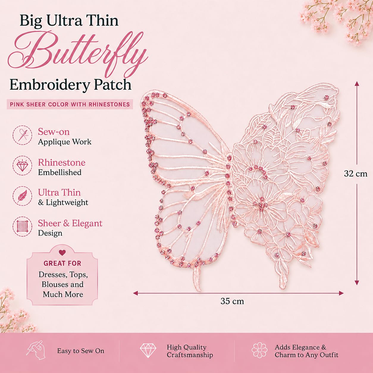 S.A.V.I Butterfly Floral Embroidery Sew-On Rhinestones Pink Patch 35x32cm|Ultra Thin Floral Lace Design for Kaftan, Dress, Blouse & Tops, Lightweight Decorative Craft Embellishment for Women