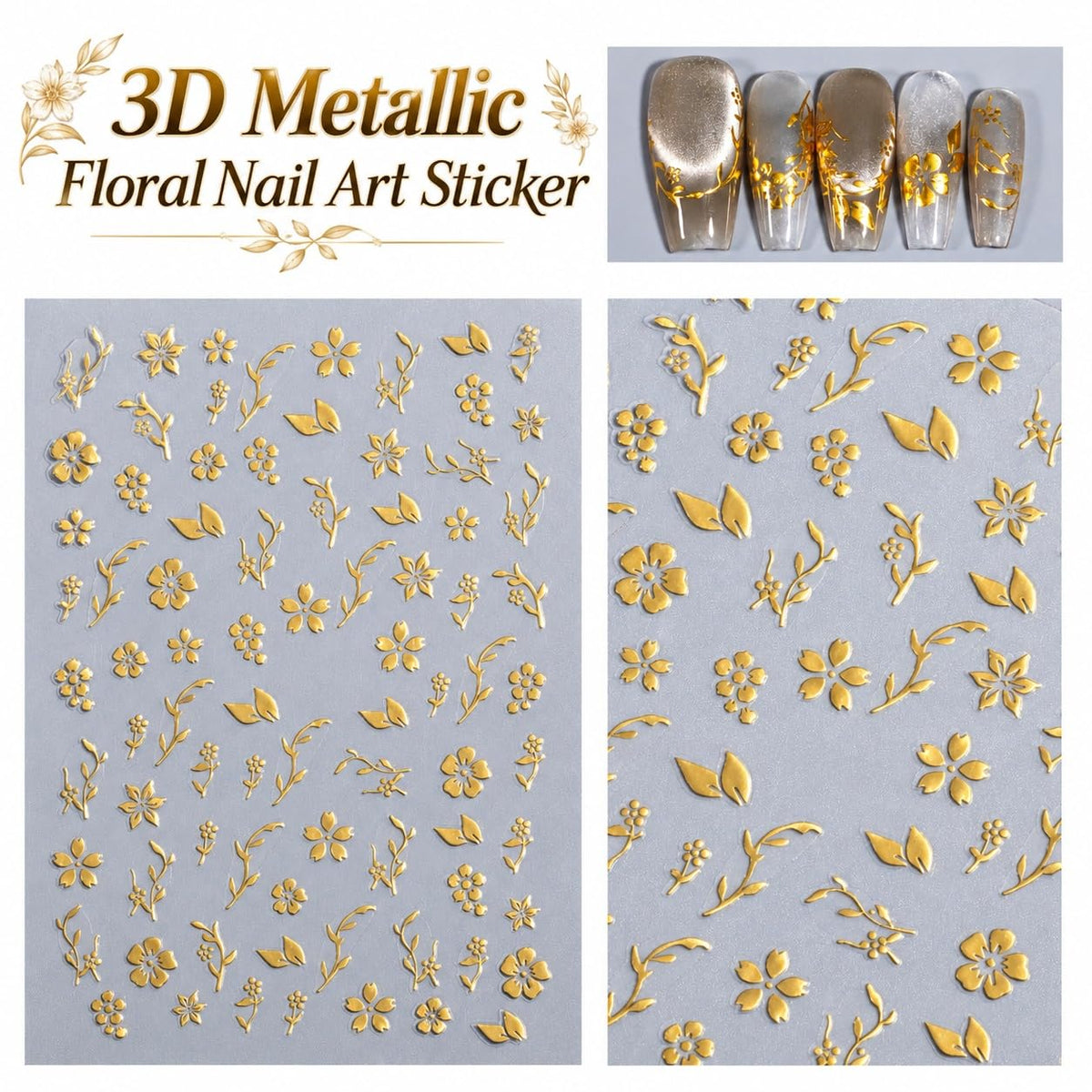 S.A.V.I 3D Floral Nail Art Stickers Metallic Gold Self Adhesive | 2 Sheets, 8 x 10 cm Each, Raised Flower & Leaf Designs, Easy Peel and Apply, for Women & Girls