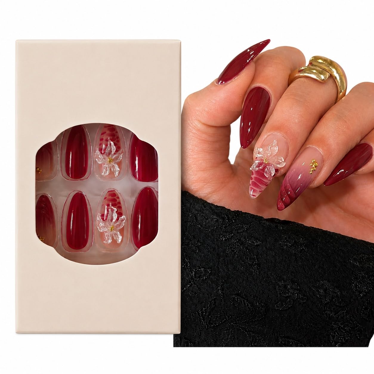 S.A.V.I Press on Nails Long Almond Burgundy 3D Flower 24 Pcs | Gloss Finish, Beads, Glue & Adhesive Tabs, Reusable DIY Full Cover Tips for Parties & Weddings