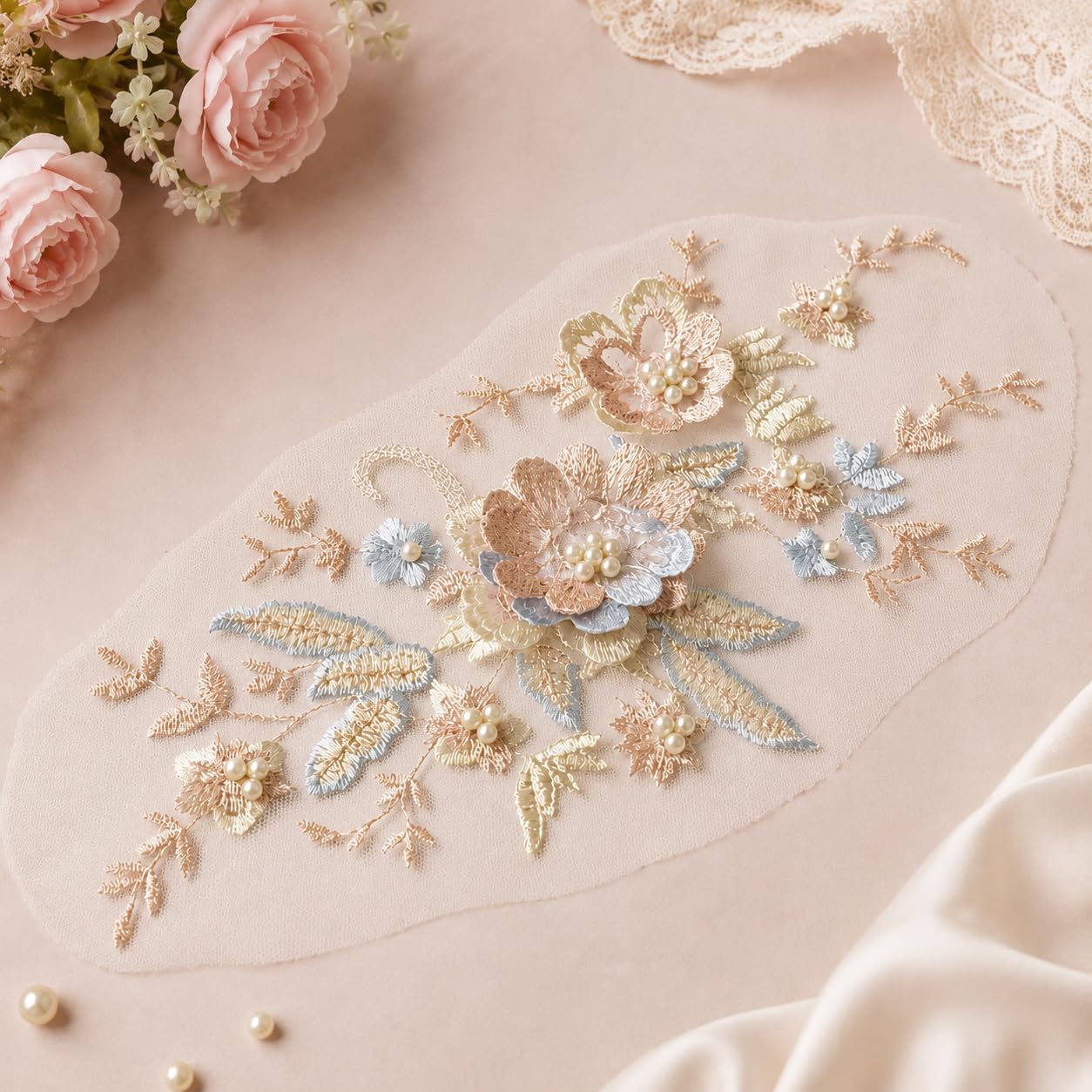 S.A.V.I Floral Embroidery Patch, Sew-On Applique 3D Pearl (Blue Coffee)|Blue & Coffee Mesh Lace Motif, 29 x 14 cm, Decorative Embellishment for Kurtas, Sarees, Blouses, Jeans & DIY Craft Repair