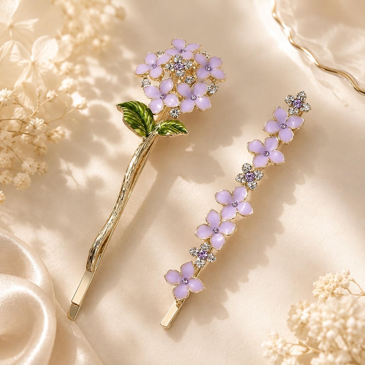 S.A.V.I Lavender Rhinestone Alloy Floral Hair Pins, 9 cm | Set of 2, Bobby Clips, Secure Hold, Women & Girls, Parties & Weddings