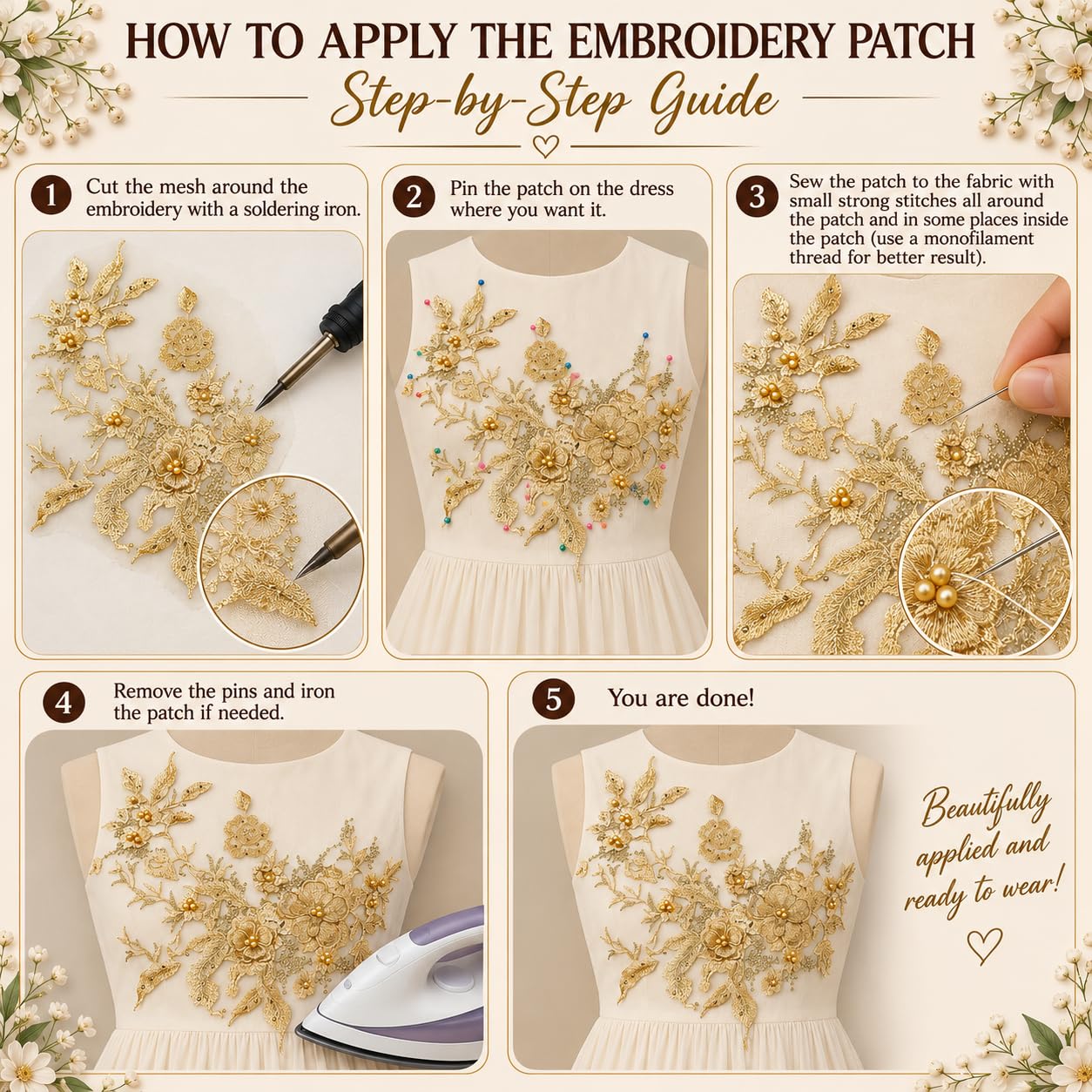 S.A.V.I Gold Floral Embroidery Patch Sew-On Applique 36x25 cm|DIY Lace Motif for Dresses, Blouses, Kurtas & Gowns, Mesh Base with Pearl Accents, Elegant Craft Embellishment, 1 Pc