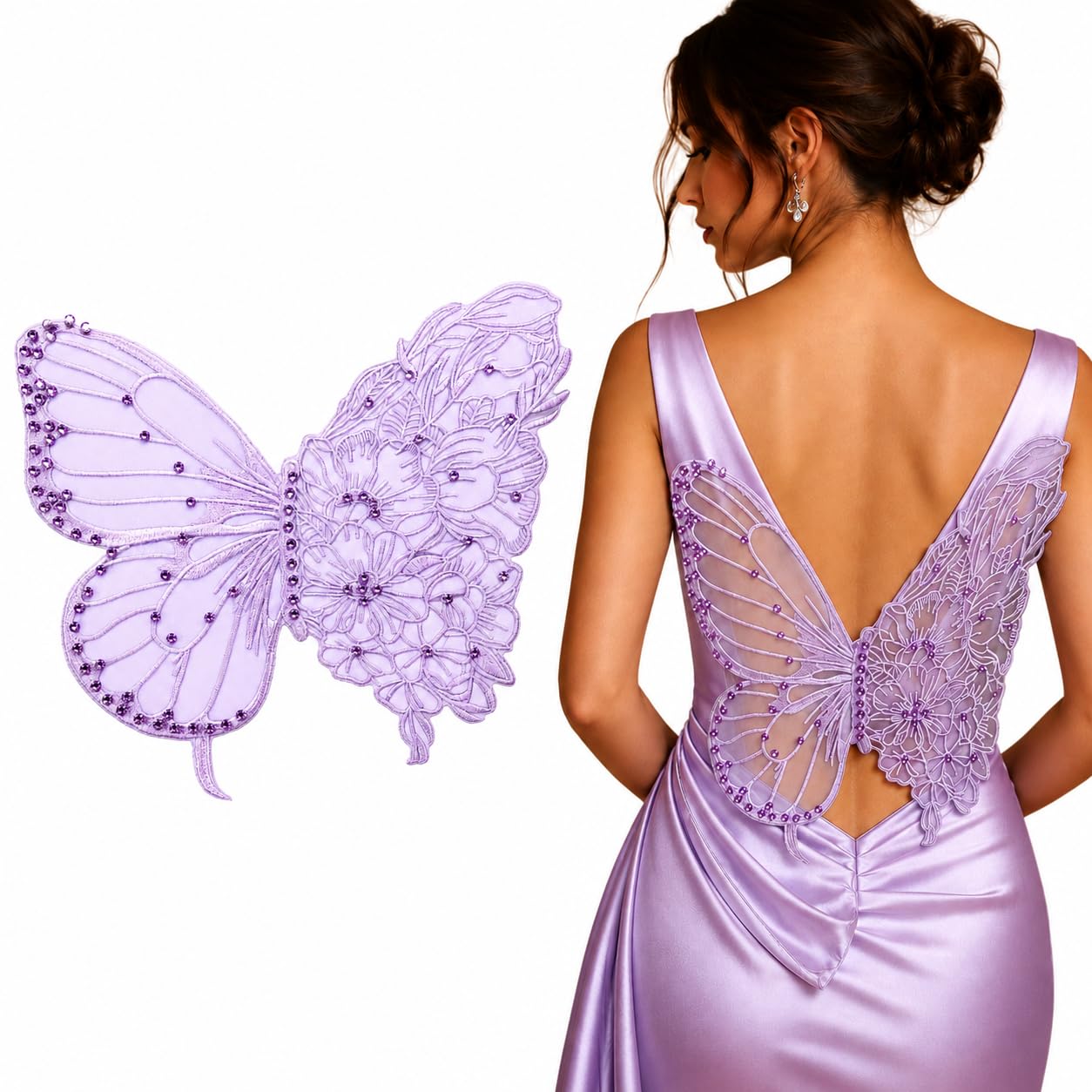 S.A.V.I Butterfly Embroidery Patch Sew-On Rhinestones Applique Purple Mesh|Ultra Thin 35x32 cm Floral Lace Design for Kaftan, Dress, Blouse & Tops, Lightweight Decorative Craft Embellishment for Women