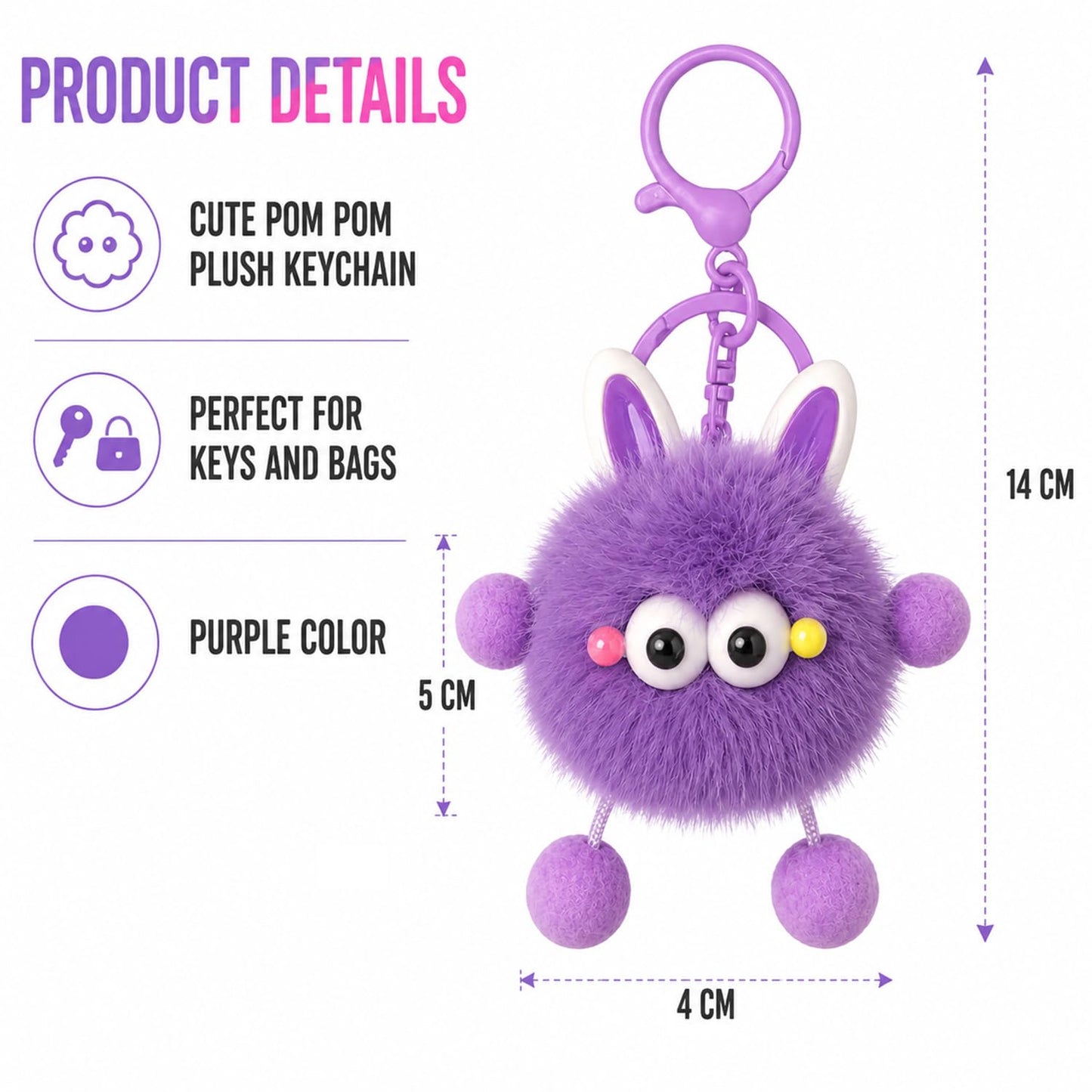 S.A.V.I Pom Pom Plush Keychain for Women Girls Faux Fur Purple, Kawaii Bunny Design, 14 cm, Lightweight Faux Fur Accessory for Handbags, Backpack, Purse & Keys, Gift Choice