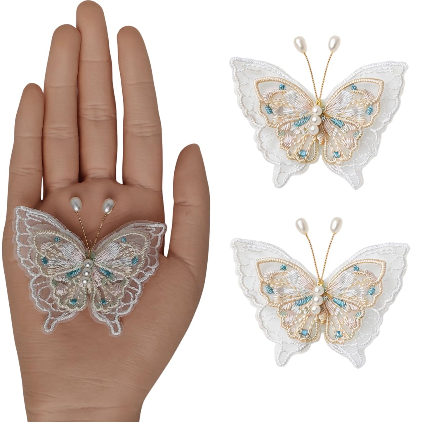 S.A.V.I White & Gold Butterfly Embroidered Sew-On Appliqué Patch Pair 6.5 x 6 cm | Pearl Beaded Lace Fabric Motifs for Dresses, Blouses, Sarees & DIY Craft Decor (Green)