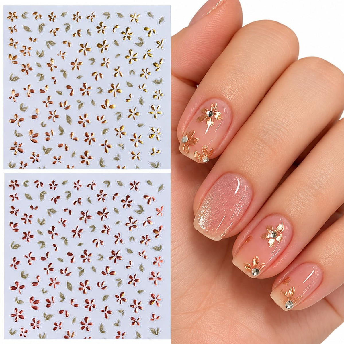 S.A.V.I 3D Nail Art Stickers Floral Decals Gold & Rose Gold, 2 Sheets | Self Adhesive, Embossed Chrome Flowers, 8 x 10 cm, Easy Peel & Apply, Manicure Decorations