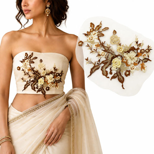 S.A.V.I Floral Embroidery Patch Sew-On Applique for Dresses|Brown Beige Gold, 36 x 25 cm DIY Lace Motif for Kurtas, Blouses, Sarees, Gowns, Costumes & Craft Customization