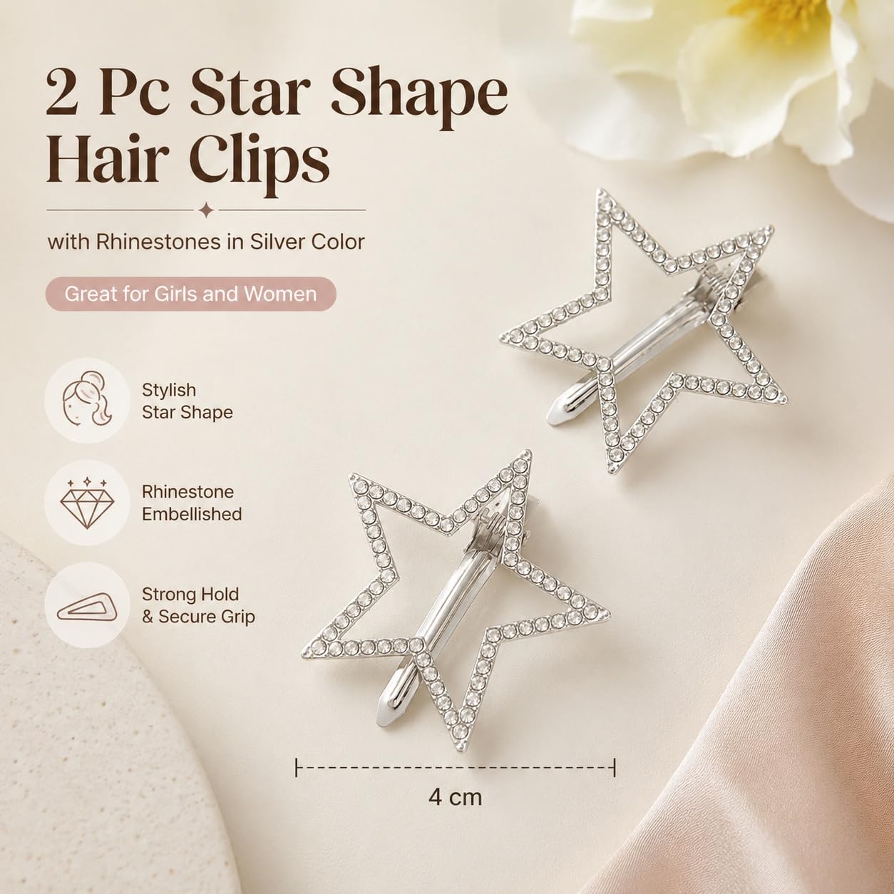 S.A.V.I Star Hair Clips for Women & Girls, Rhinestone Silver 4cm | 2 Pc Metal Barrettes, Crystal Embellishment, Strong Hold, Daily & Parties