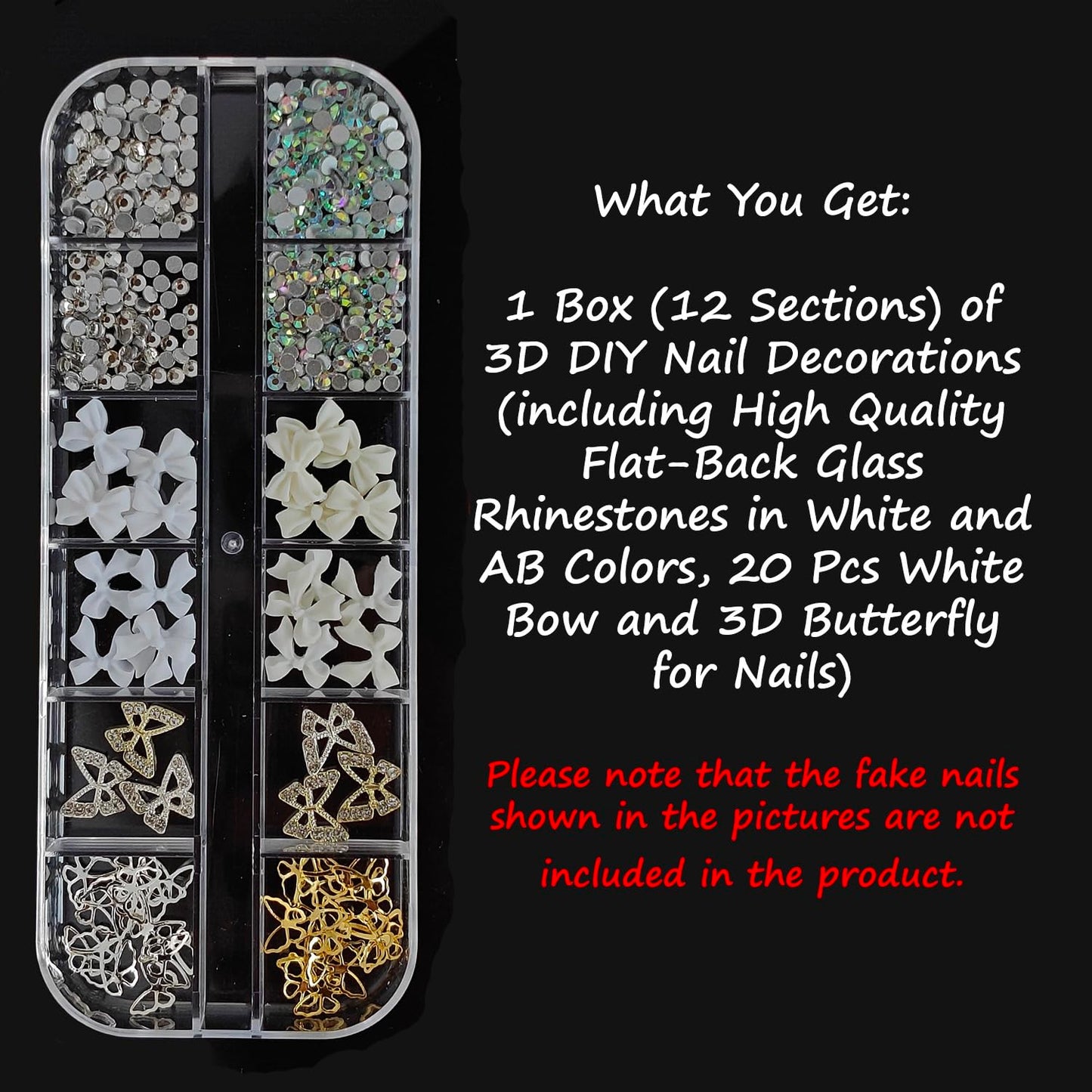 S.A.V.I 3D Nail Art Decoration Kit – 12 Section Box with White & AB Crystal Rhinestones, Bow Butterfly Designs, Flat-Back Glass Alloy Resin DIY Accessories, 31g