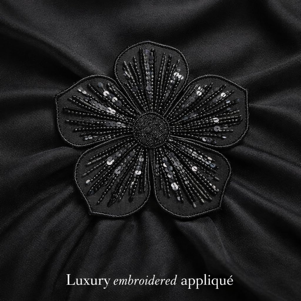 S.A.V.I Black Floral Embroidered Sew-On Appliqué Patch 15 x 15 cm | Handcrafted Sequin & Bead Mesh Fabric | Decoration for Dress, Gown, Blouse & DIY Crafts (Black)