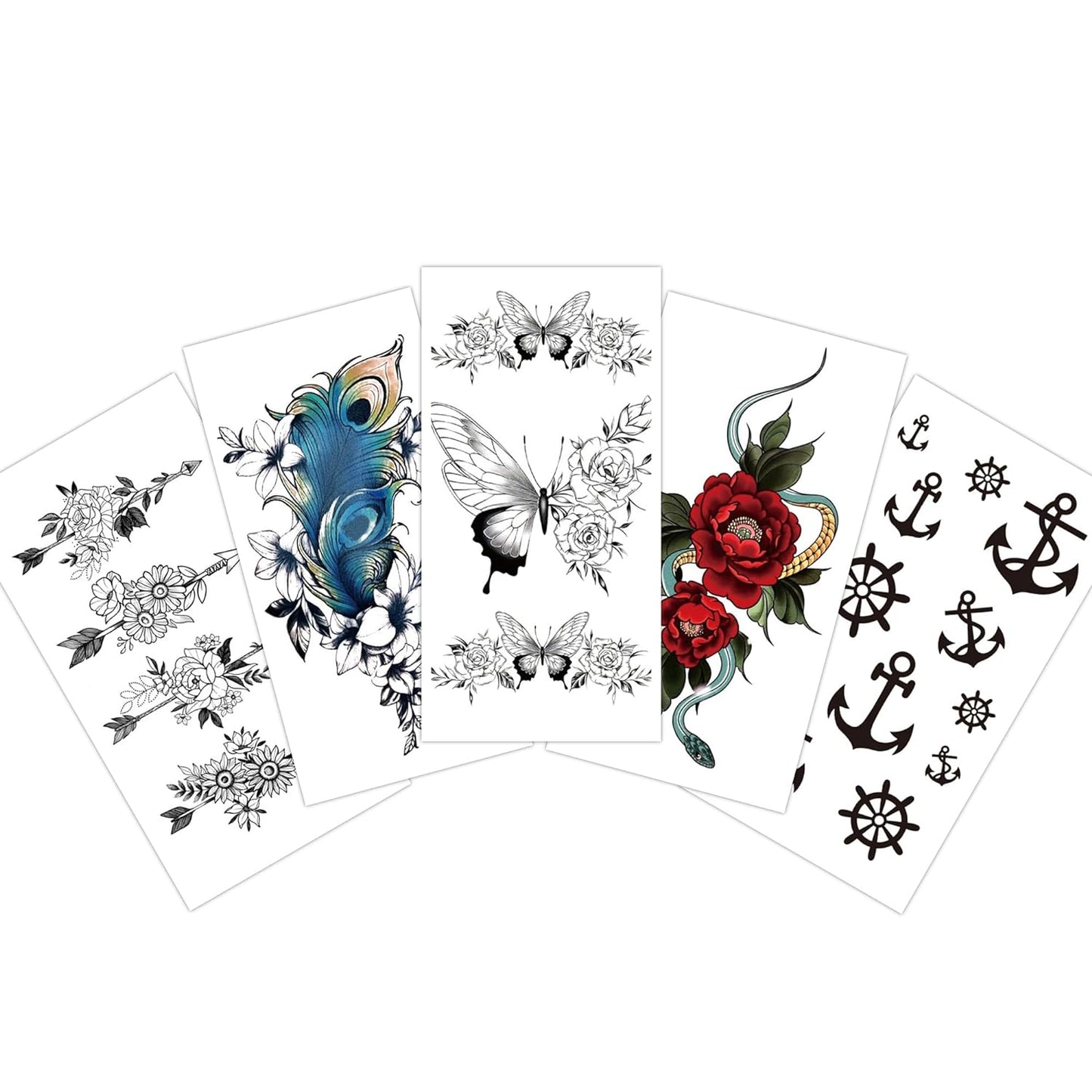 S.A.V.I 5-Pc Tattoo Stickers Combo - Butterflies, Roses, Anchors  Feather - 10.5x6cm for Men  Women