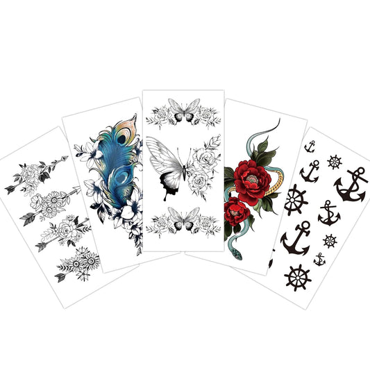 S.A.V.I 5-Pc Tattoo Stickers Combo - Butterflies, Roses, Anchors  Feather - 10.5x6cm for Men  Women