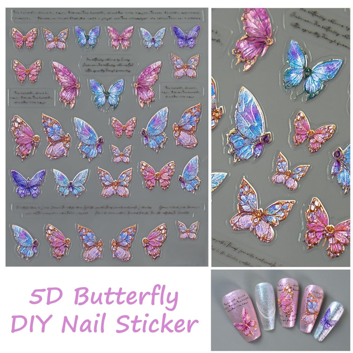 S.A.V.I 2 Sheets 3D Self-Adhesive Nail Art Stickers, Multicolor Butterfly & Rose Design, Resin Gel DIY Decals, Easy Peel-and-Stick, for Women & Girls