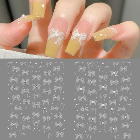 S.A.V.I 2 Sheets - 3D White Bow Nail Art Stickers with Pearl & Rhinestone | Self-Adhesive Lace Design | Transparent Sheet | Long-Lasting Nail Decoration for Women & Girls