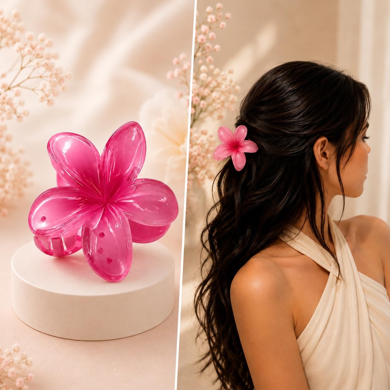 S.A.V.I Pink Floral Hair Claw Clip for Women, Resin, 8 cm | Frangipani Style, Strong Grip, Lightweight, Secure Hold, Casual & Party