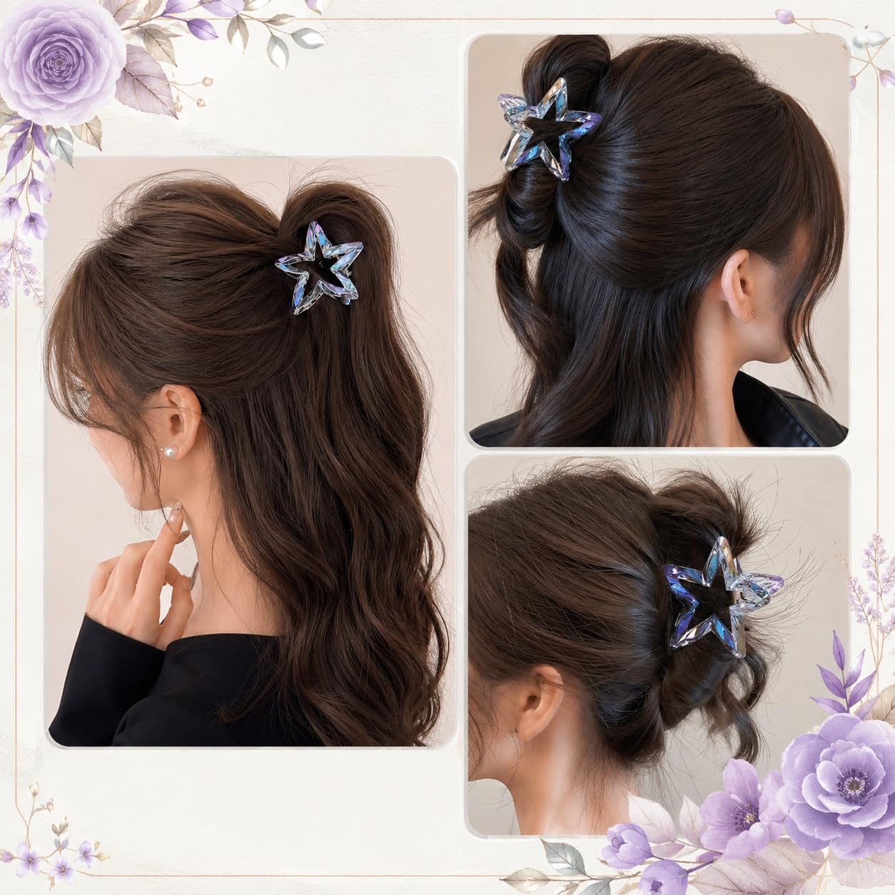S.A.V.I Hair Claw Clip for Women Iridescent Star Grey 7 cm | Resin Material, Strong Grip, Casual & Party Use, Lightweight, For Girls
