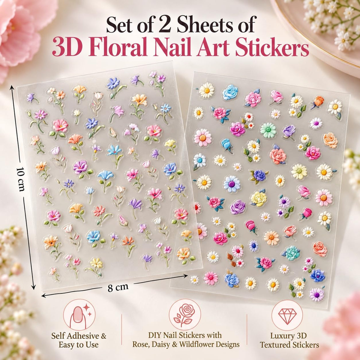S.A.V.I 3D Floral Nail Art Stickers, Self Adhesive, 2 Sheets, 8x10 cm | Multicolour Decals, Rose, Daisy & Wildflower, Easy Peel & Apply, DIY Manicure, Salon Style