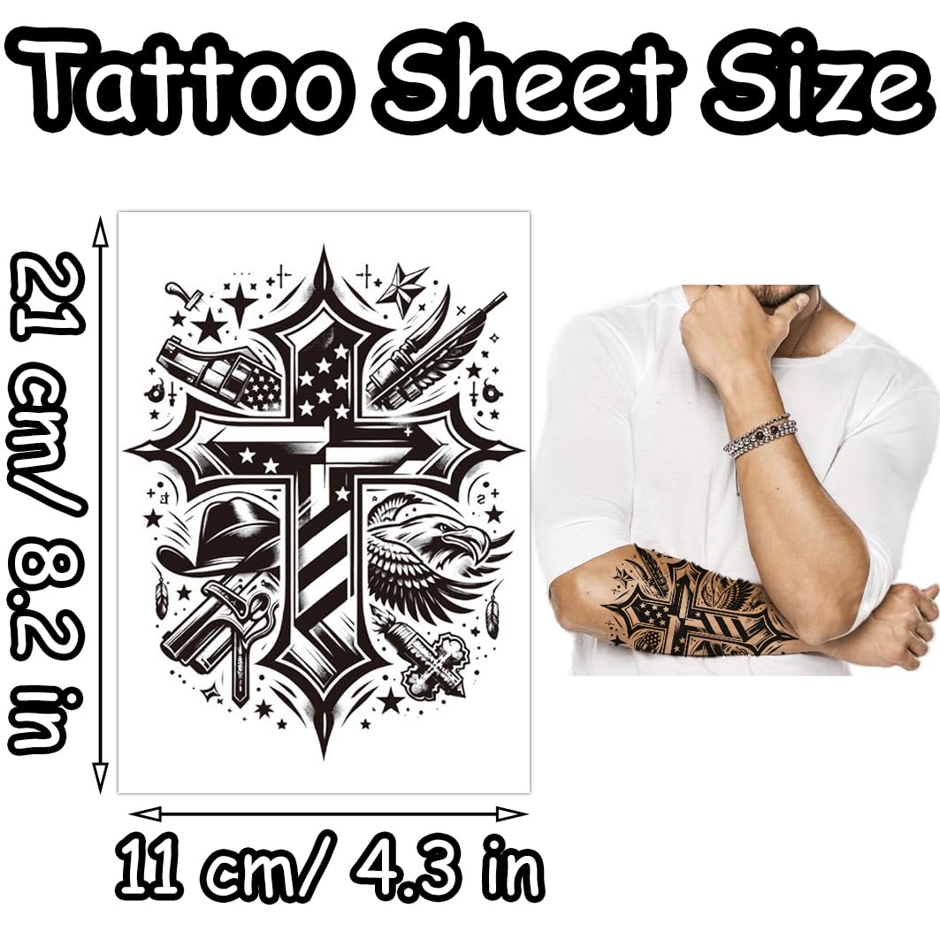 S.A.V.I 1 Pc Black Cross Temporary Tattoo for Men – 21x11 cm | Waterproof Long-Lasting Body Art with American Eagle & Flag | Non-Toxic, Easy to Apply & Remove | Arm Tattoo Sticker
