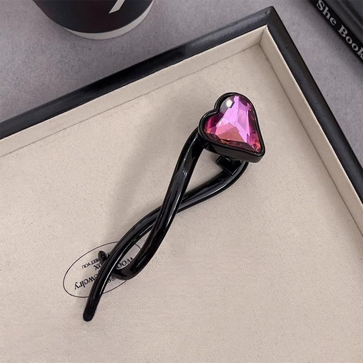 S.A.V.I Black Acrylic Hair Claw Clip for Women & Girls | 12cm Large Strong Grip with Big Pink Heart Crystal | Non-Slip Bun & Ponytail Holder Hair Accessory