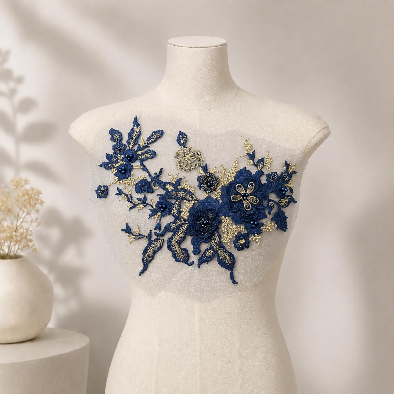 S.A.V.I Floral Embroidery Patch Sew-On Applique Navy Blue 36 x 25 cm|Gold Beaded Lace Motif for DIY Blouse, Gown, Sweater, Kurti & Costume Customization