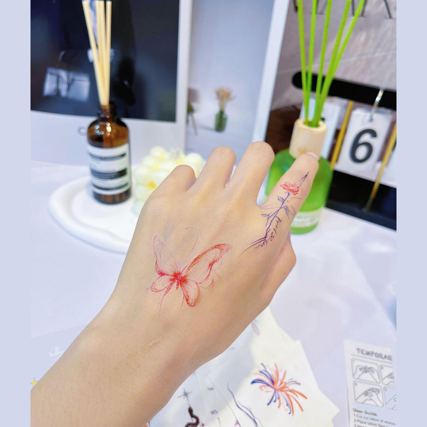 S.A.V.I Red Butterfly & Floral Fine-Line Temporary Tattoo Sticker | Durable Waterproof Non-Toxic Body Art for Hand/Arm/Finger | 1 Pc Easy Apply & Remove Trendy Fashion Accessory for Women & Girls (63)