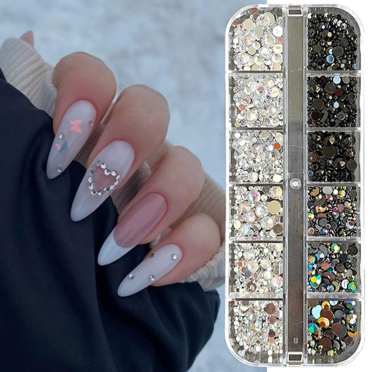 S.A.V.I Nail Rhinestone Kit – 4 Colors (White, AB, Black, AB Black) – Flatback Resin Stones for Nail Art  Decoration | 12 Sections | Multi-Size (1.5-5mm) | DIY Manicure  Professional Nail Styling