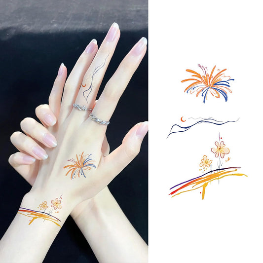 S.A.V.I Orange & Blue Floral Fireworks Line Art Temporary Tattoo Sticker – Waterproof Easy-Apply Body Art Safe Non-Toxic 12 × 7.6 cm Sheet for Wrist Hand Arm Women Girls, 1 Pc (60)